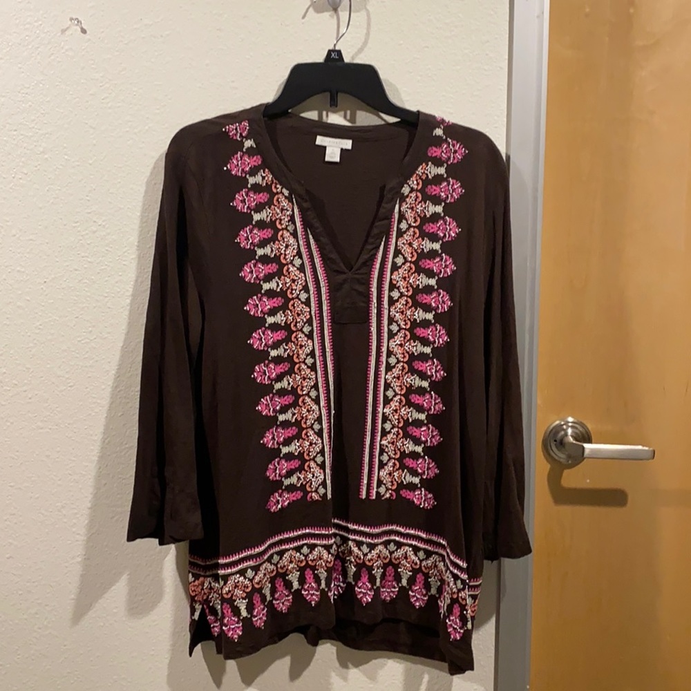Charter Club brown tunic with peach, pink & white